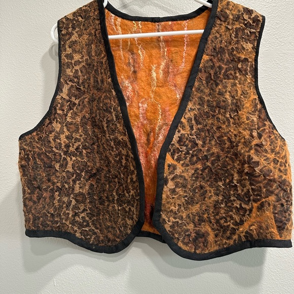 Handmade Jackets & Blazers - Handmade women’s large felt cheetah print/orange abstract open front vest,artsy